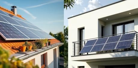 Hausdach mit Photovoltaik-Anlage und Balkon mit Steckersolargerät